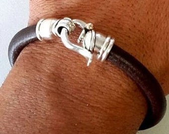 Black leather and silver bracelet, leather strap bracelet with real solid silver sterling clasps.
