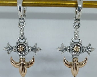 Dangle Earrings for women, 9K Solid Gold, Fleur De Lis Earrings, Medieval Jewelry, Gold Compass Earrings, Victorian Earrings Silver