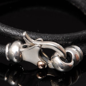 Double Strap Bracelet, Silver And Gold Clasp, Black Leather Bracelet, Man Bangle, Statement Bracelet, 9K, Hook Clasp, Leather Bracelet Man