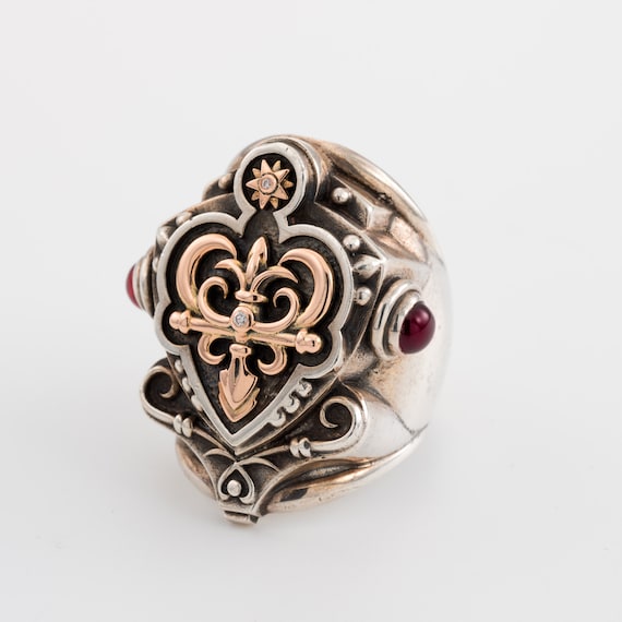 mens silver and gold ring, mens ring with diamond, men diamond ring, statement ring, garnet stone ring, ring for men, signet ring men