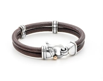 Freundgeschenk, Geschenke für ihn, braunes Leder und silbernes Armband, zwei Lederriemen, silbernes Classic Lock