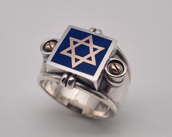 Star of David Ring with Blue Enamel RED Gold  9K Red 925 Silver Sterling