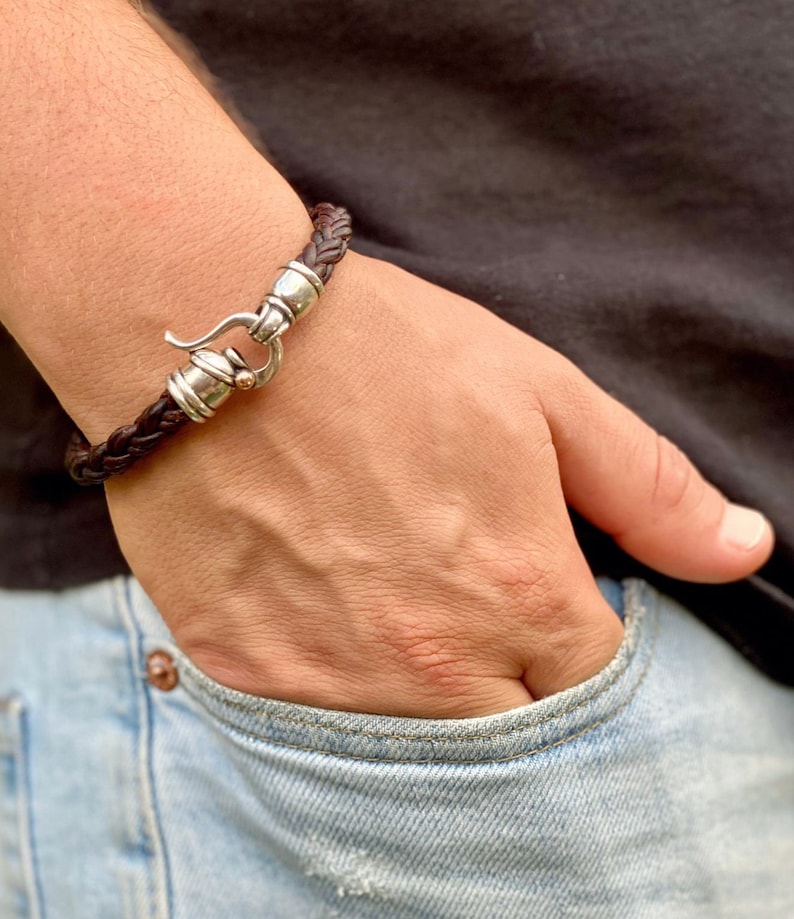 Unique bracelet For Men, Silver Leather Bracelet, Braided Leather Bracelet, Statement Leather Bracelet, Man Bangle Bracelet Artisan Jewelry image 1