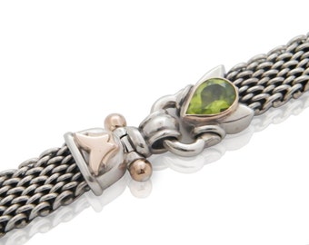 Thick Silver Bracelet, Interwoven Silver Bracelet,  Unique Peridot Gem Bracelet