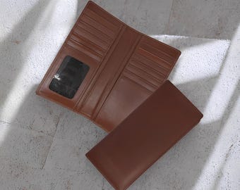 Lange lederen portemonnee heren bruin biker chequeboek driebladige organizer handgemaakte rustieke creditcardhouder cadeau