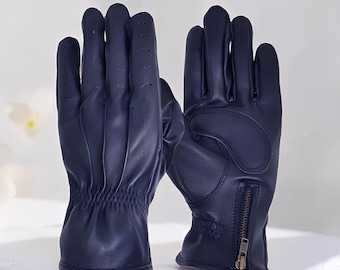 Premium marineblauwe echte schapenvacht motorhandschoenen volledig leren motorhandschoenen met pantserbescherming en ritssluiting