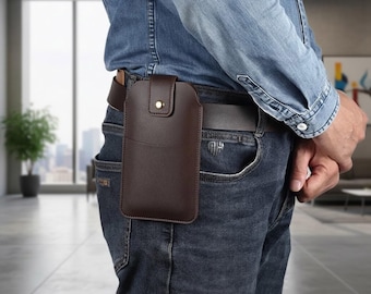Groot leren telefoonholster met kaartsleuven, 6,5 - 7 inch heuptasje voor heren