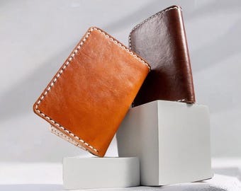 Verticale tweevoudige portemonnee gelooide volnerf lederen kaarthouder voor heren