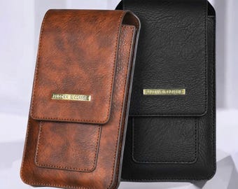 Tailletasje met twee telefoons, karabijnhaak en kaartsleuven Verticale Puloka-telefoon van leer