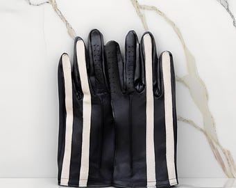 Stylish Leather Gloves with White Contrast Detail, Genuine Leather, Winter Gloves, Driving Gloves, Fashion Gloves