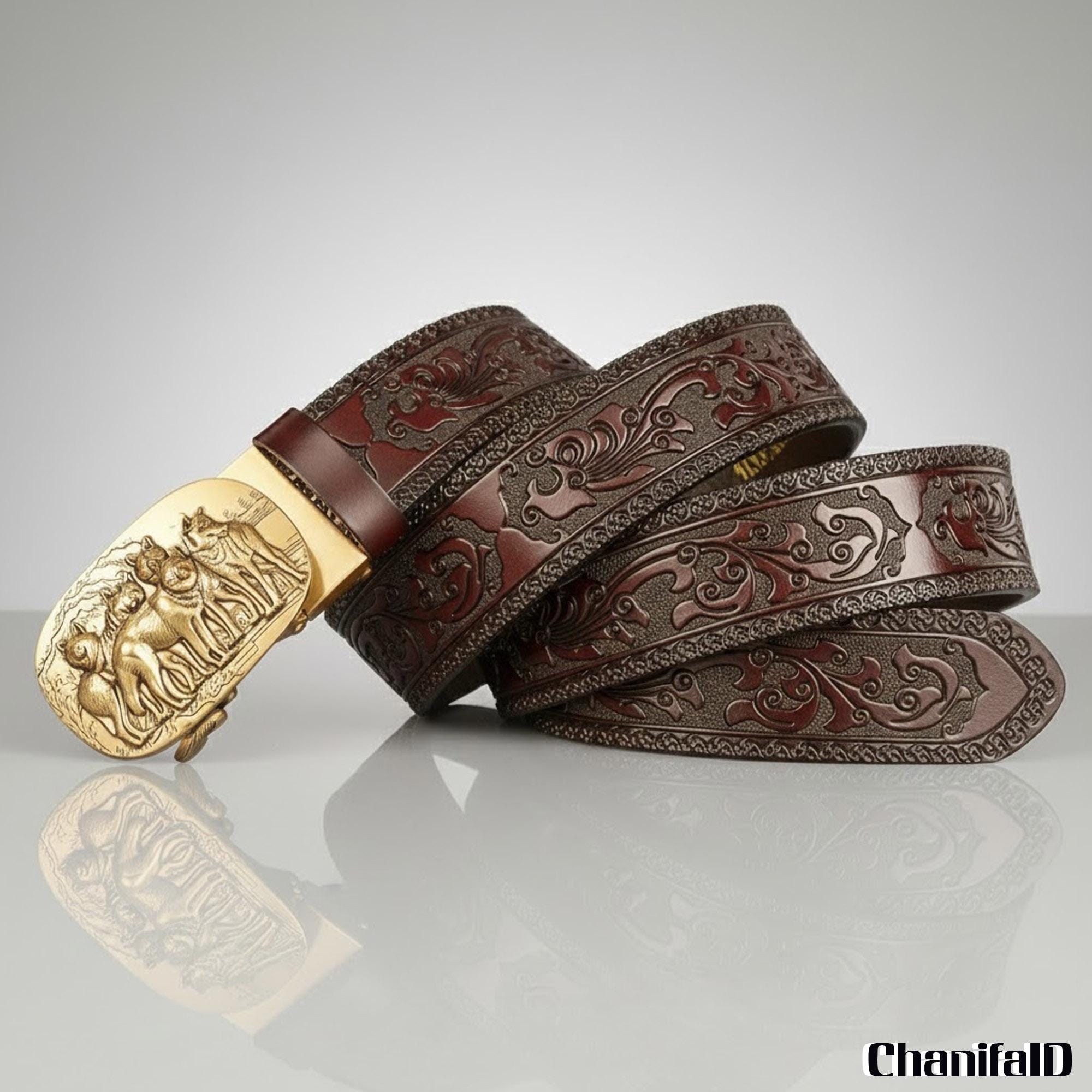 Genuine Cowhide Leather Wolf Belt, Embossed Wolf Head Buckle