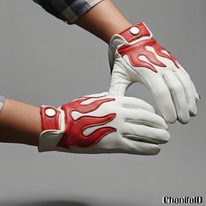 Vintage Motorcycle Riding Gloves with Burning Flame Design, Genuine Leather, Winter Gloves, Driving Gloves