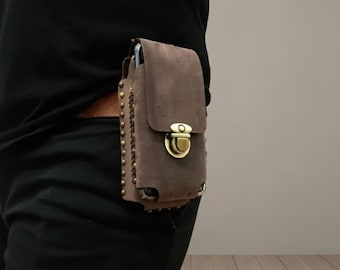 Handmade Crazy Horse Leather Phone Pouch, Genuine Cowhide Double Slot Cell Phone Wallet