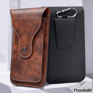 May include: Two leather phone cases, one brown and one black, are displayed. The brown case has a textured finish, a flap closure with a metal button, and white stitching. The black case features a belt loop and a silver carabiner clip.