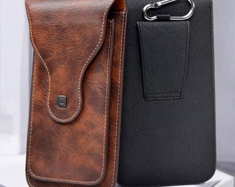 Puloka verticaal lederen telefoonholster heuptasje voor 2 telefoons clip portemonnee