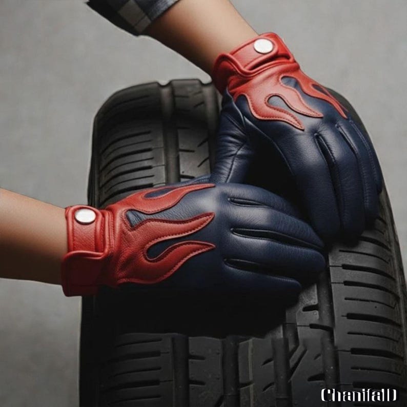 Vintage Motorcycle Riding Gloves with Burning Flame Design, Genuine Leather, Winter Gloves, Driving Gloves