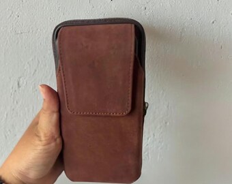 Vintage leren telefoonzakje van Crazy Horse voor heren, riemhoes met ritssluiting volnerf rundleer