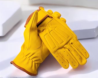 Mosterdgele lederen motorhandschoenen retro klassieke vintage motorrijder volledige vingeruitrusting geventileerde zomer schapenvacht