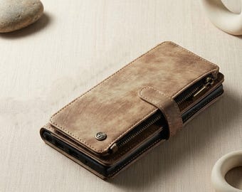 Leren portemonnee-hoesje voor iPhone, 10 kaartsleuven en vak met ritssluiting, magnetische flipcover