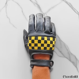Stylish Genuine Leather Gloves Full Finger Checkerboard Black Yellow, Leather Gloves, Genuine Leather, Winter Gloves, Driving Gloves
