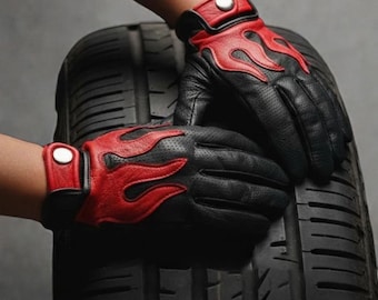 Vintage motorhandschoenen met brandend vlamontwerp, echt leer, winterhandschoenen, autohandschoenen