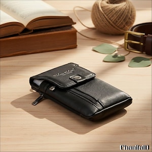 May include: Black leather phone case with a flap and zip closure. The case features a snap fastener and a small metal zip pull. The case is on a wooden surface with a book and twine in the background.