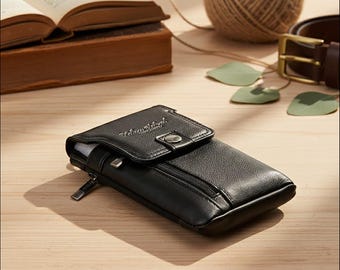 Leren telefoonholster met karabijnhaak, verticaal riemzakje, robuuste EDC-heuptas