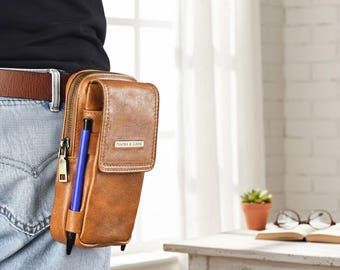 Leren telefoonholster met ritssluiting, verticaal riemzakje voor 2 telefoons voor 6,5 inch