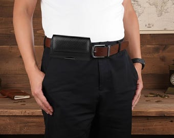 Leren telefoonholster met koolstofvezelmotief, moderne horizontale riemhoes