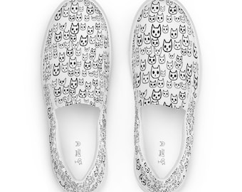 Cat Pattern Slip-On Shoes • Quirky Kitty Print Sneakers • Funny Cat Lover Shoes • Black & White Cat Design • Unique Custom Slip-Ons