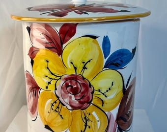 Vintage Hand_Painted Ceramic Kitchen Canister with Lid - Floral Art Poterry