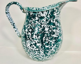 Vintage Green Splatter Enamel Pitcher Rustic Farmhouse Water Jug Vase