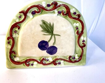 Hand-Painted Vintage Ceramic Napkin Holder - Grapes and Olives Design