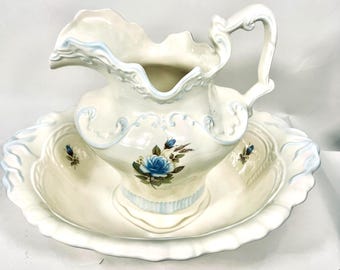 Vintage 1980 Porcelain Wash Basin & Pitcher Set Blue Rose Signed Cottage Decor