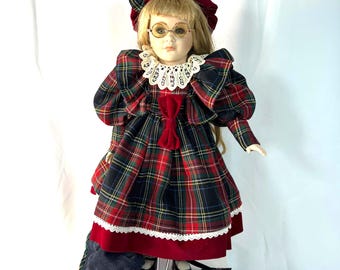 Vintage Porcelain Doll in Plaid Dress with Glasses – Handmade Style – Collectible Display Doll