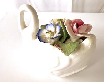 Royale Stratford Bone China Swan Figurine With Porcelain Flowers England
