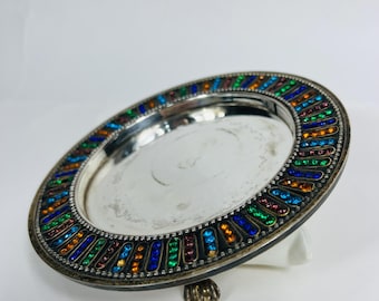Vintage Silver Tone Decorative Tray With Multicolor Rhinestones Border