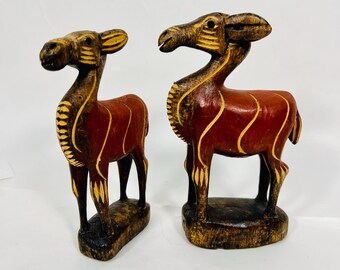 Vintage African Wooden Antelope Figurines Hand Carved Tribal Hand Decor Set