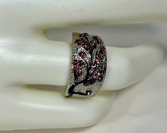 Vintage leaf Rhinestone Ring Pink Crystal Statement Ring Silver Tone Wide Band