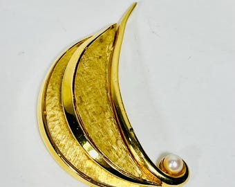 Vintage Marcel Boucher Gold Tone Leaf Brooch with Pearl Accent Signed Designer Pin