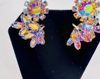 Vintage Sherman Aurora Borealis Clip On Earrings Gold Tone Floral Rhinestone Statement Jewelry