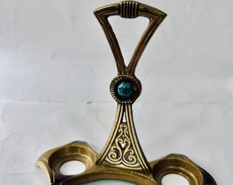 Vintage Brass Candle Holder Stand, Art Deco Green Stone Cruet Base Decor