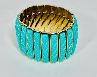 Vintage Trifari Turquoise Stretch Bracelet Gold Tone Wide Panel Bracelet