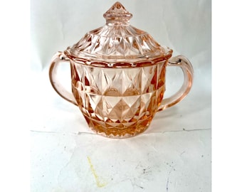 Vintage Pink Depression Glass Sugar Bowl with Lid Diamond Point Pattern