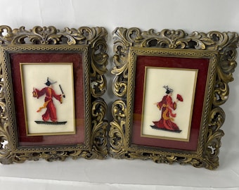 Vintage Gold Frame Needlepoint Art Set Asian Wall Decor Pair