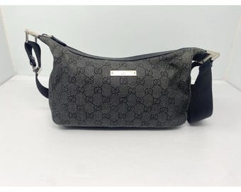 Gucci Black Denim Monogram Hobo Half Moon Shoulder Bag