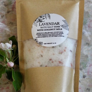 Lavender, bath salt, bath soak, coconut milk, aromatherapy, relaxation, sore muscles, free muslin bag