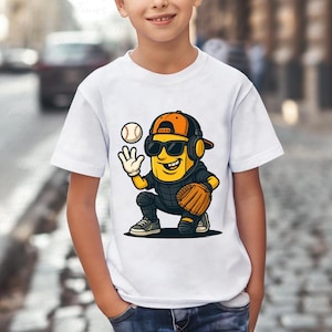 Plátano jugando al béisbol (Png), Plátano genial jugando al béisbol (Png), Fruta divertida de receptor, Mascota de equipo deportivo, Regalo de béisbol, Amante del béisbol, Archivo digital