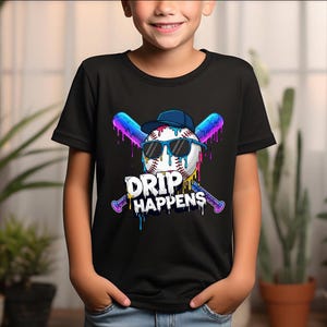 Baseball-Lebensstil 101 Bekleidung Jugend Baseball-Tropf-Eiscreme, Baseball-Tropf-Hemd, cooles Sport-Hemd, Drip Happens-Hemd, Jungen-Baseball-Hemd