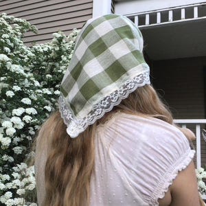 Green and White-Cream Gingham Lace Tassels Bandana Head Kerchief Hair Headscarves
